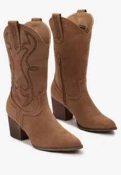 Brązowe Botki Kowbojki Ozdobione Wzorem w Cyrkonie Ellessa