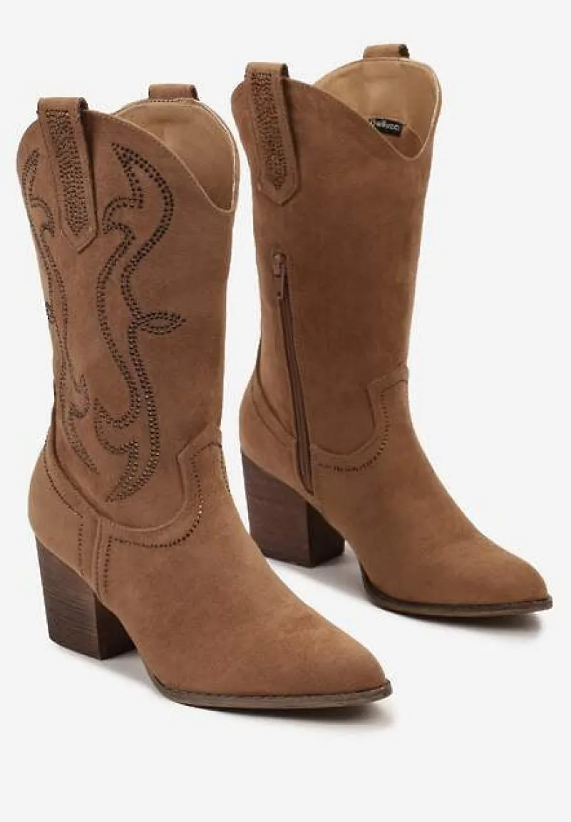 Brązowe Botki Kowbojki Ozdobione Wzorem w Cyrkonie Ellessa