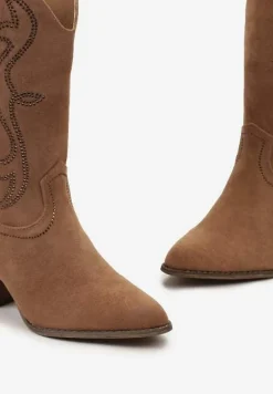 Brązowe Botki Kowbojki Ozdobione Wzorem w Cyrkonie Ellessa