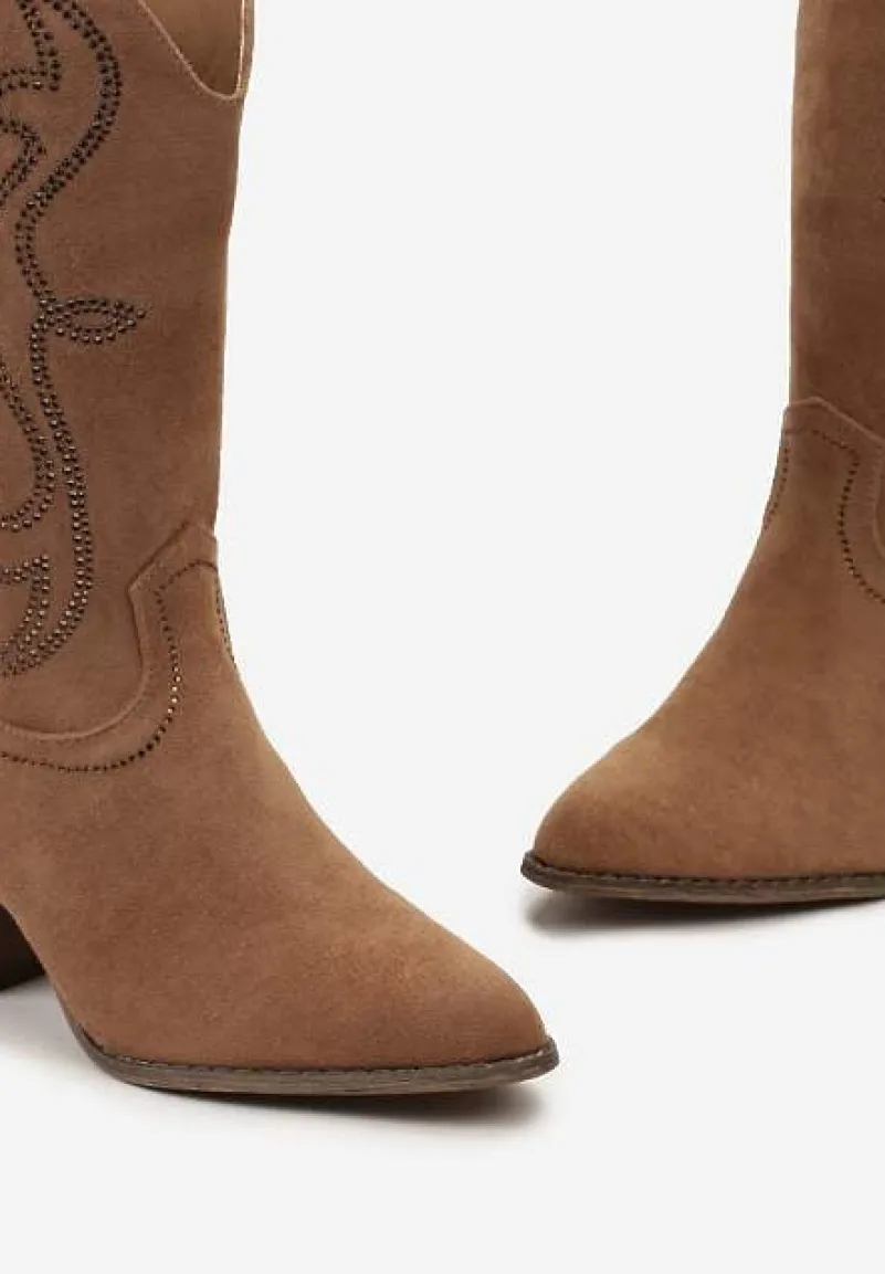 Brązowe Botki Kowbojki Ozdobione Wzorem w Cyrkonie Ellessa