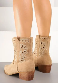 Brązowe Botki Kowbojki Vices na Słupku Ozdobione Haftem Nelithen