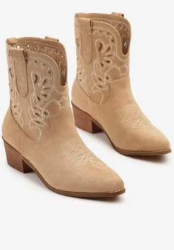 Brązowe Botki Kowbojki Vices na Słupku Ozdobione Haftem Nelithen
