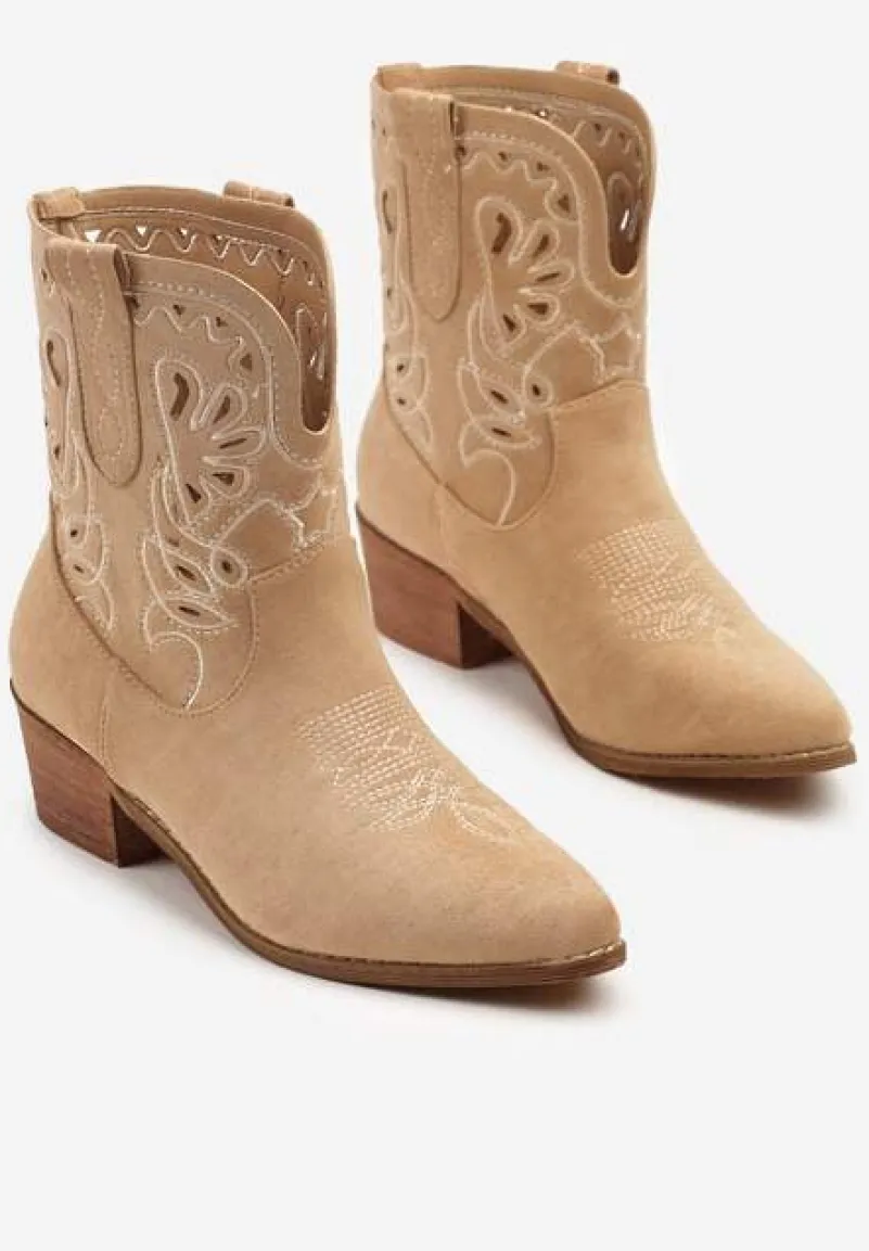 Brązowe Botki Kowbojki Vices na Słupku Ozdobione Haftem Nelithen