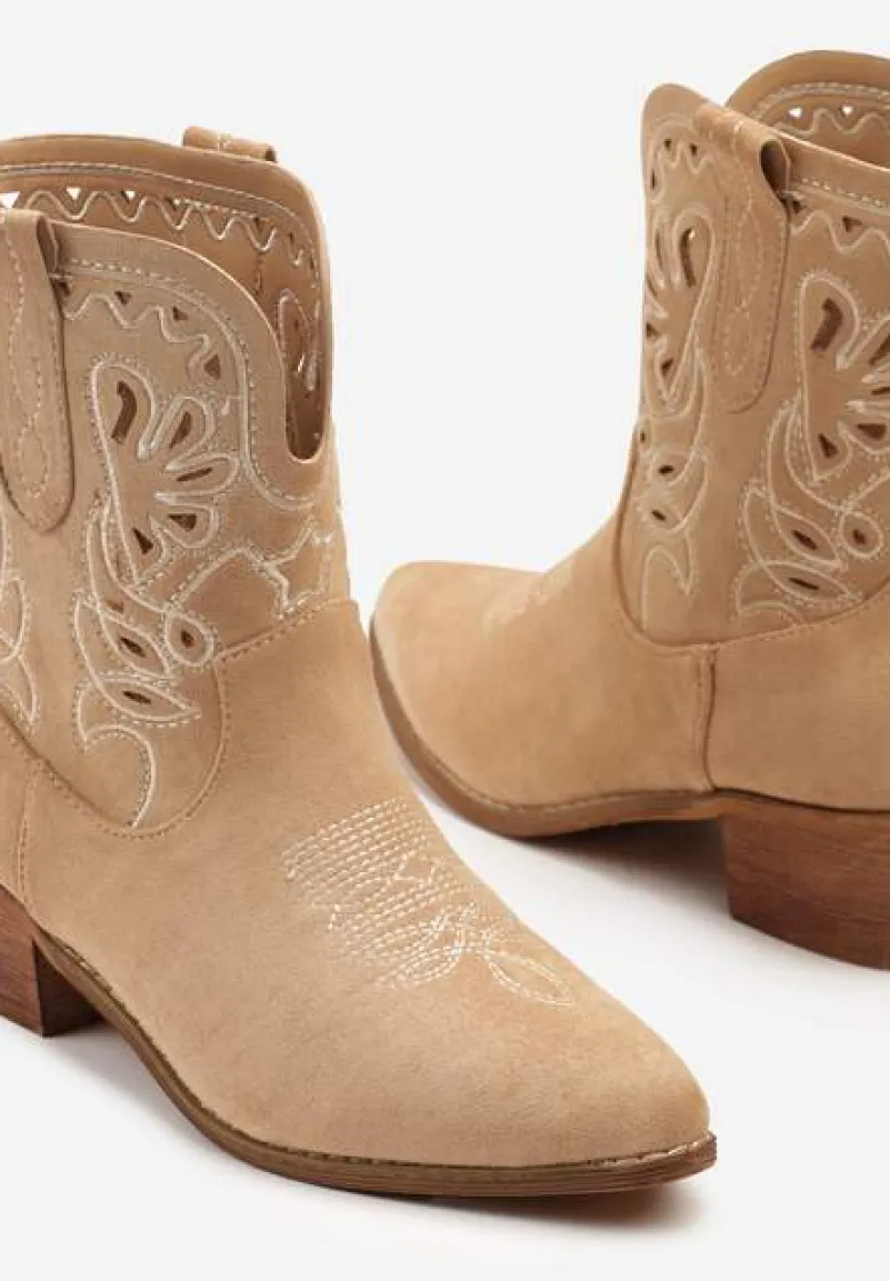 Brązowe Botki Kowbojki Vices na Słupku Ozdobione Haftem Nelithen