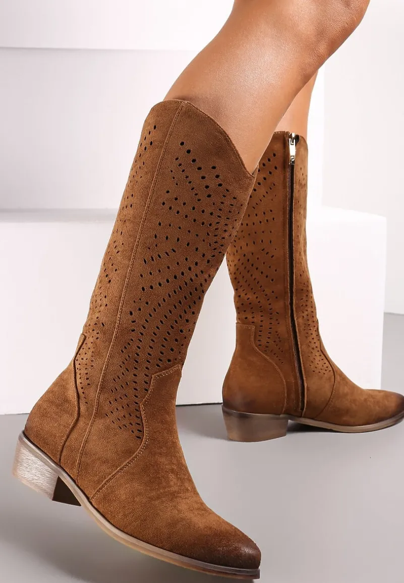 Brązowe Botki Kowbojki z Ażurową Cholewką na Niskim Stożku Fellime