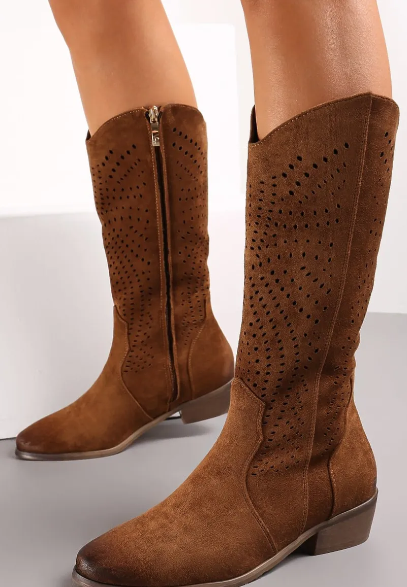 Brązowe Botki Kowbojki z Ażurową Cholewką na Niskim Stożku Fellime