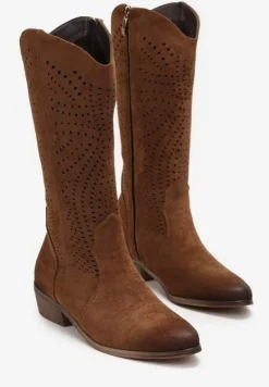 Brązowe Botki Kowbojki z Ażurową Cholewką na Niskim Stożku Fellime