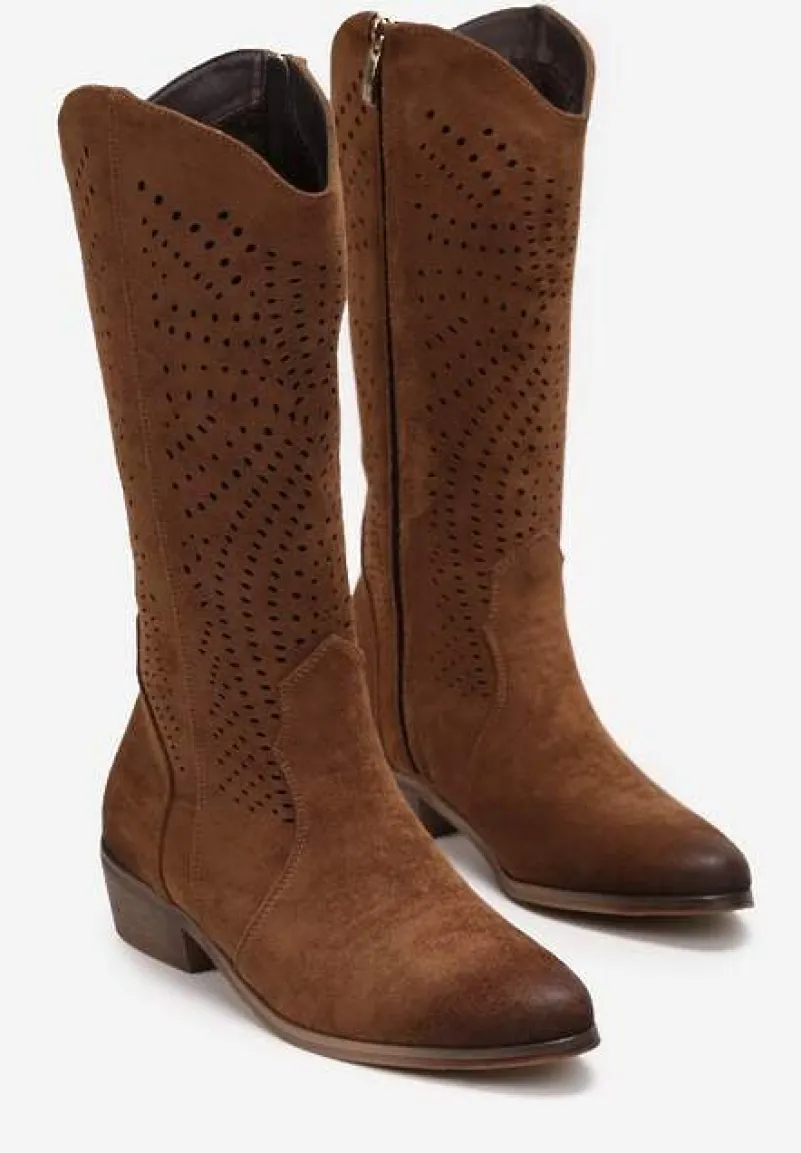 Brązowe Botki Kowbojki z Ażurową Cholewką na Niskim Stożku Fellime