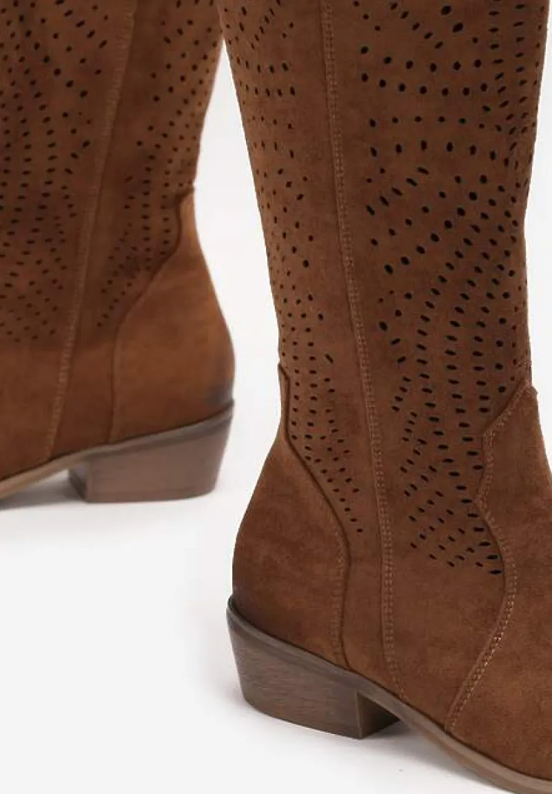 Brązowe Botki Kowbojki z Ażurową Cholewką na Niskim Stożku Fellime