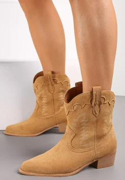 Brązowe Botki Kowbojki z Cholewką za Kostkę z Ekoskóry z Przeszyciami Pianse