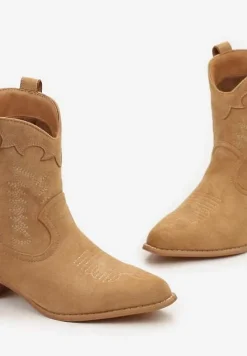 Brązowe Botki Kowbojki z Cholewką za Kostkę z Ekoskóry z Przeszyciami Pianse