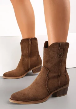 Brązowe Botki Kowbojki z Delikatnym Haftem Pionne