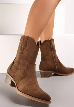 Brązowe Botki Kowbojki z Delikatnym Haftem Pionne