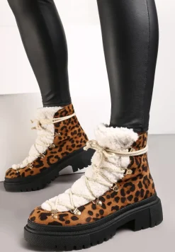 Brązowe Botki na Grubej Podeszwie z Ozdobnym Wiązaniem i Futerkiem Alloksi