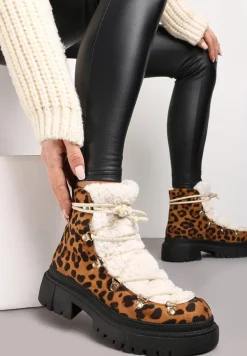 Brązowe Botki na Grubej Podeszwie z Ozdobnym Wiązaniem i Futerkiem Alloksi