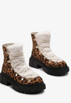 Brązowe Botki na Grubej Podeszwie z Ozdobnym Wiązaniem i Futerkiem Alloksi