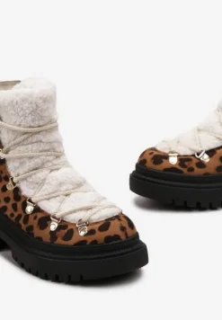 Brązowe Botki na Grubej Podeszwie z Ozdobnym Wiązaniem i Futerkiem Alloksi