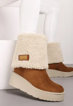 Brązowe Botki na Koturnie Ozdobione Barankiem i Wywiniętą Cholewką Irissinae