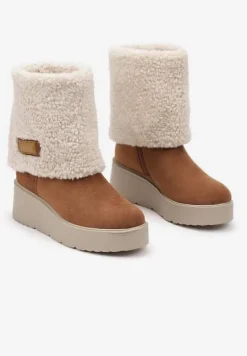 Brązowe Botki na Koturnie Ozdobione Barankiem i Wywiniętą Cholewką Irissinae