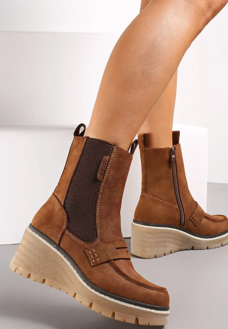 Brązowe Botki na Koturnie z Elastyczną Gumką Tiaeve