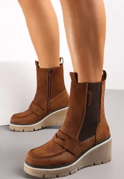 Brązowe Botki na Koturnie z Elastyczną Gumką Tiaeve