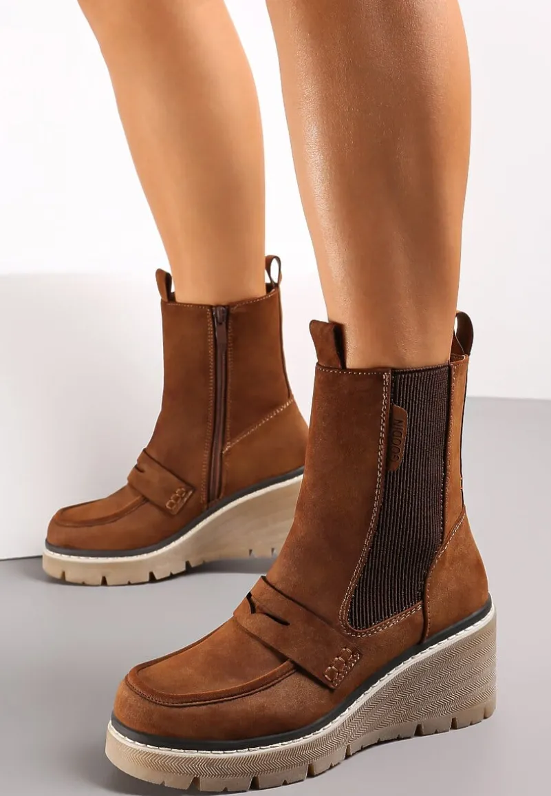 Brązowe Botki na Koturnie z Elastyczną Gumką Tiaeve