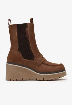Brązowe Botki na Koturnie z Elastyczną Gumką Tiaeve