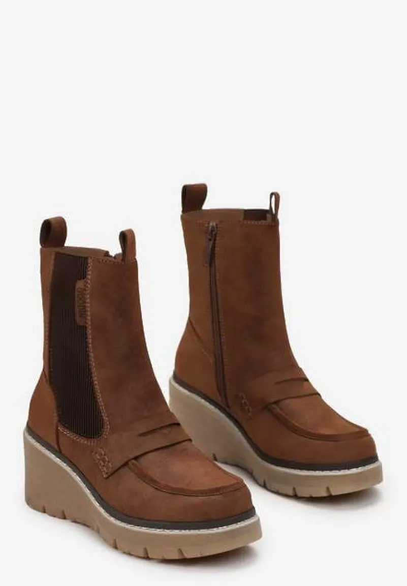 Brązowe Botki na Koturnie z Elastyczną Gumką Tiaeve