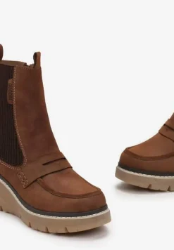 Brązowe Botki na Koturnie z Elastyczną Gumką Tiaeve