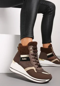 Brązowe Botki na Koturnie w Streetwearowym Stylu Ozdobione Futerkiem Arabelline