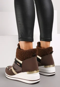Brązowe Botki na Koturnie w Streetwearowym Stylu Ozdobione Futerkiem Arabelline