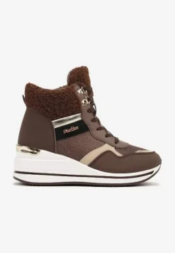 Brązowe Botki na Koturnie w Streetwearowym Stylu Ozdobione Futerkiem Arabelline