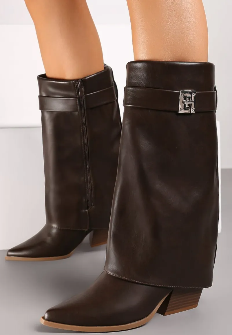 Brązowe Botki na Obcasie Typu Stożek Wykończone Wywiniętą Cholewką Nevealle