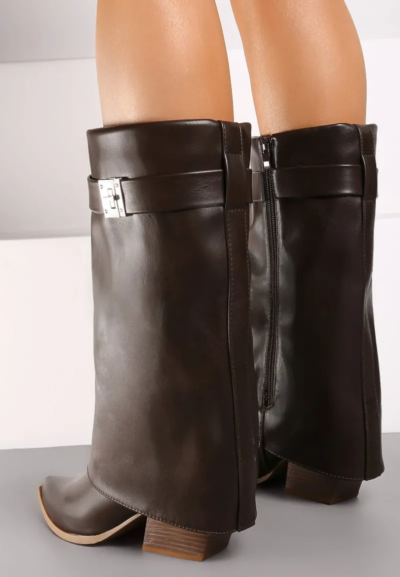 Brązowe Botki na Obcasie Typu Stożek Wykończone Wywiniętą Cholewką Nevealle