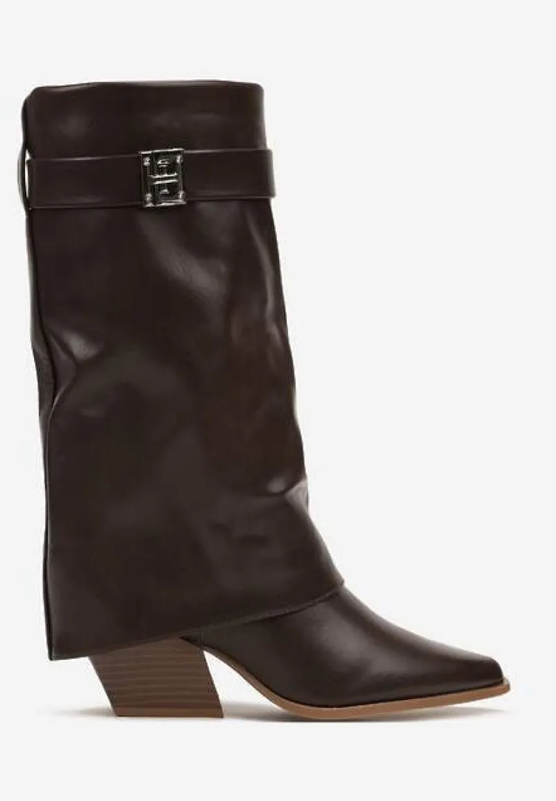 Brązowe Botki na Obcasie Typu Stożek Wykończone Wywiniętą Cholewką Nevealle