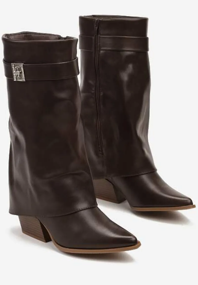 Brązowe Botki na Obcasie Typu Stożek Wykończone Wywiniętą Cholewką Nevealle