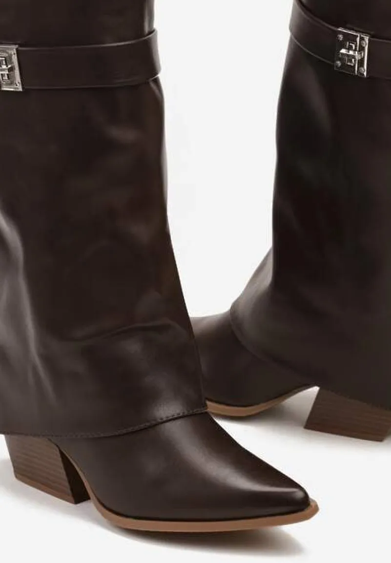 Brązowe Botki na Obcasie Typu Stożek Wykończone Wywiniętą Cholewką Nevealle