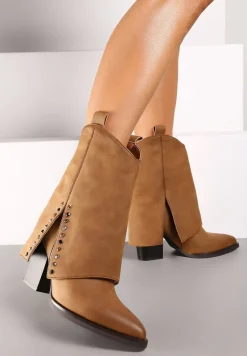 Brązowe Botki na Stożkowym Słupku Kowbojki z Wywiniętą Cholewką Mavora