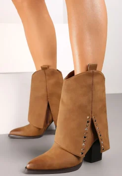 Brązowe Botki na Stożkowym Słupku Kowbojki z Wywiniętą Cholewką Mavora