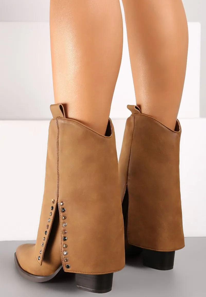 Brązowe Botki na Stożkowym Słupku Kowbojki z Wywiniętą Cholewką Mavora