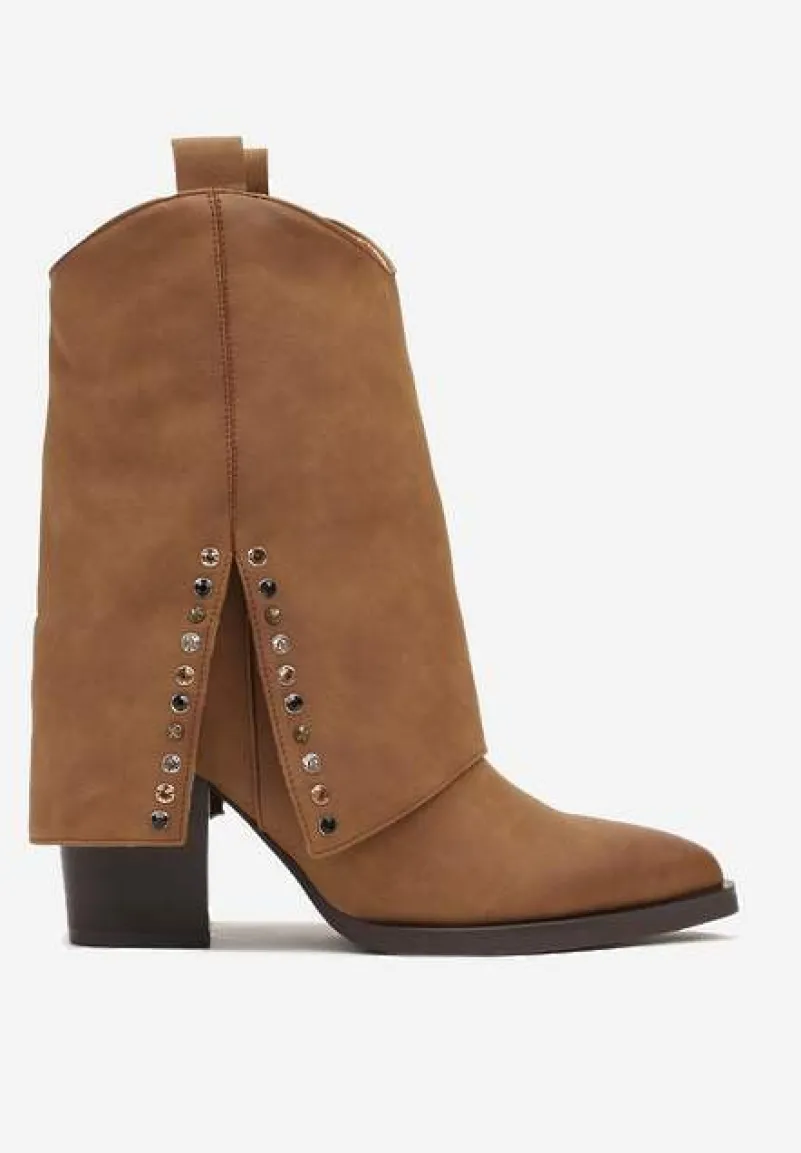 Brązowe Botki na Stożkowym Słupku Kowbojki z Wywiniętą Cholewką Mavora