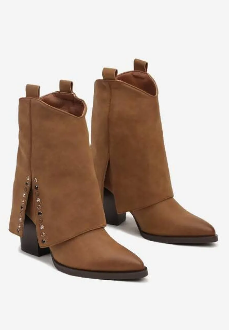 Brązowe Botki na Stożkowym Słupku Kowbojki z Wywiniętą Cholewką Mavora