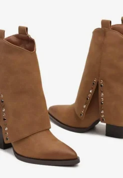 Brązowe Botki na Stożkowym Słupku Kowbojki z Wywiniętą Cholewką Mavora