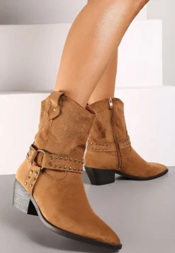 Brązowe Botki na Stożku Bikery Kowbojki z Ozdobną Klamrą Merindale