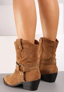 Brązowe Botki na Stożku Bikery Kowbojki z Ozdobną Klamrą Merindale