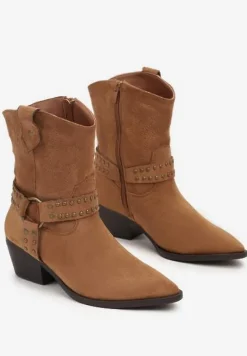 Brązowe Botki na Stożku Bikery Kowbojki z Ozdobną Klamrą Merindale