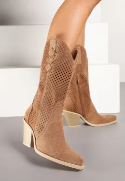 Brązowe Botki na Stożku Kowbojki z Ażurową Cholewką Feliraen