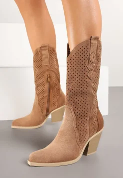 Brązowe Botki na Stożku Kowbojki z Ażurową Cholewką Feliraen