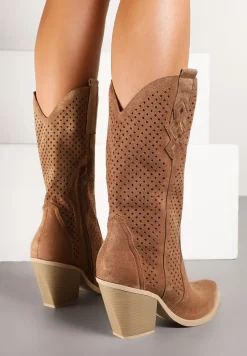 Brązowe Botki na Stożku Kowbojki z Ażurową Cholewką Feliraen