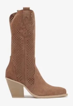 Brązowe Botki na Stożku Kowbojki z Ażurową Cholewką Feliraen